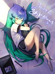 Rule 34 | 1girl, absurdres, ahoge, aqua hair, barefoot, black shorts, blue hair, closed eyes, commentary request, drawing tablet, feet, fins, fish tail, from above, gradient hair, highres, horns, hugging own tail, hugging tail, long hair, lying, multicolored hair, on side, original, sbgu, shark fin, shark girl, shark tail, shirt, short shorts, shorts, sleeping, solo, t-shirt, tail, thighs, very long hair, white shirt