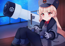 Rule 34 | 1girl, absurdres, akimiya yamiku, binoculars, blonde hair, blue archive, blush, commentary request, glass door, gloves, hat, highres, jacket, looking at viewer, night, nodoka (blue archive), red eyes, smile, solo, telescope, winter clothes