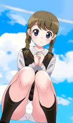Rule 34 | 1girl, althea (strike witches), blue eyes, blush, braid, brown hair, highres, kiniro tofu, looking at viewer, open mouth, own hands clasped, own hands together, panties, solo, strike witches, twin braids, twintails, underwear, white panties, world witches series