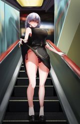 Rule 34 | 1girl, armpits, bad id, bad pixiv id, bare legs, belt, black dress, black footwear, blush, breasts, closed mouth, clothes lift, dress, dress lift, highres, large breasts, legs, long hair, looking at viewer, mature female, original, panties, pengrani, purple eyes, purple panties, shoes, side-tie panties, silver hair, simple background, smile, solo, squatting, standing, suggestive fluid, sweat, sweatdrop, thighs, underwear