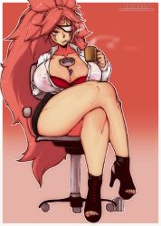 Rule 34 | 1girl, amputee, ankle boots, ashtray, baiken, bare legs, between breasts, big hair, black skirt, boots, bra, breasts, chair, cigarette, cleavage, coffee mug, collared shirt, commentary, contemporary, crossed legs, cup, english commentary, facial tattoo, full body, guilty gear, guilty gear xrd, high-waist skirt, high heels, highres, huge breasts, jitome, long hair, mug, object on breast, office chair, office lady, one-eyed, partially unbuttoned, pencil skirt, pink eyes, pink hair, platform boots, platform footwear, platform heels, randomboobguy, red bra, see-through, shirt, sitting, skirt, smoke, smoking, solo, stump cover, swivel chair, tattoo, thick thighs, thighs, toeless footwear, toenails, toes, underwear, very long hair, wet, wet clothes, wet shirt, white shirt