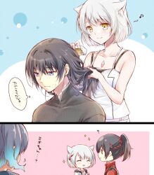 Rule 34 | 0 0, 1boy, 2girls, :&gt;, ^ ^, animal ear fluff, animal ears, bare arms, bare shoulders, black hair, blue eyes, blue hair, camisole, closed eyes, closed mouth, collarbone, comb, commentary request, eighth note, gradient hair, grey hair, hair between eyes, holding, long hair, mio (xenoblade), multicolored hair, multiple girls, musical note, noah (xenoblade), parted lips, ponytail, sena (xenoblade), short hair, smile, sparkle, sweat, translation request, ui frara, white camisole, xenoblade chronicles (series), xenoblade chronicles 3