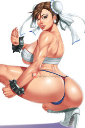 Rule 34 | 1girl, ass, breasts, brown hair, cameltoe, capcom, chun-li, large breasts, looking at viewer, shiny skin, solo, street fighter, swaet, tagme, thighs, thong