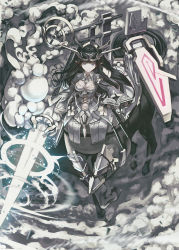 Rule 34 | 1girl, armor, bad id, bad pixiv id, black hair, book, breasts, centaur, cleavage, closed mouth, clothing cutout, commentary request, cross-laced clothes, fantasy, from above, glowing, glowing weapon, grey eyes, hair intakes, highres, holding, holding book, holding lance, holding polearm, holding weapon, lance, leg armor, long hair, long sleeves, navel, neck ribbon, open book, original, pointy ears, polearm, ribbon, smoke, solo, stomach cutout, taur, tefec, weapon, wide sleeves