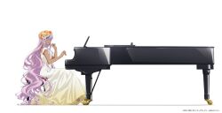 Rule 34 | 1girl, alternate costume, aria (manga), athena glory, breasts, copyright name, copyright notice, dark-skinned female, dark skin, dated, dress, flower, full body, gradient dress, grand piano, hair between eyes, hair flower, hair ornament, hands up, instrument, long hair, medium breasts, music, official art, piano, playing instrument, playing piano, purple hair, sitting, smile, solo, toe cleavage, very long hair, white dress, yellow dress