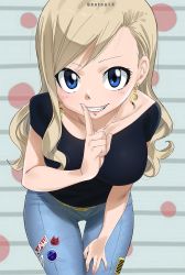 Rule 34 | 1girl, blonde hair, blue eyes, breasts, colorized, earrings, eden&#039;s zero, gaston18, grin, highres, jewelry, large breasts, leaning forward, long hair, looking at viewer, mashima hiro, rebecca bluegarden, smile, solo, standing, teeth
