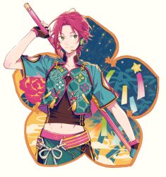 Rule 34 | 1boy, closed mouth, ensemble stars!, fingerless gloves, gloves, green eyes, high collar, holding, holding staff, isara mao, male focus, microphone, midriff, navel, paper, purple hair, seuga, short hair, short sleeves, smile, solo, staff, star (symbol), tanabata, weapon