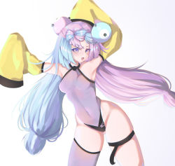 Rule 34 | 1girl, :d, adapted costume, aqua hair, armpits, breasts, character hair ornament, commentary, contrapposto, covered navel, cowboy shot, creatures (company), detached sleeves, eyelashes, game freak, hair ornament, highres, iono (pokemon), leotard, light purple hair, long hair, medium breasts, nintendo, open mouth, pokemon, pokemon sv, purple eyes, s7nsles, single thighhigh, sleeves past fingers, sleeves past wrists, smile, solo, thigh strap, thighhighs, twintails