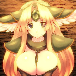 Rule 34 | 1girl, armor, between breasts, blonde hair, breast clinging, breasts squeezed together, breasts, bursting breasts, chain, cleavage, collar, framed breasts, headdress, large breasts, long hair, pauldrons, riesz, seiken densetsu, seiken densetsu 3, shoulder armor, shoulder pads, solo, tro