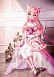Rule 34 | 1girl, animal ears, birdcage, blush, bow, breasts, bug, butterfly, cage, cat ears, chair, choker, cleavage, doll joints, dress, frilled choker, frilled dress, frilled hairband, frilled skirt, frills, hair bow, hairband, highres, idolmaster, idolmaster cinderella girls, insect, jewelry, joints, jougasaki mika, lolita fashion, long hair, medium breasts, pink hair, pink socks, red footwear, see-through, see-through skirt, sitting, skirt, smile, socks, solo, sutoroa, thighs, yellow eyes