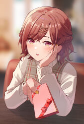 Rule 34 | 1girl, blurry, blurry background, blush, box, box of chocolates, braid, brown hair, commentary request, hair ornament, hairclip, highres, higuchi madoka, idolmaster, idolmaster shiny colors, looking at viewer, mole, mole under eye, nail polish, plaid, plaid vest, purple eyes, short hair, solo, sparkle, sweater, swept bangs, vest, white sweater, yellow nails, yeogpu (seung832222)
