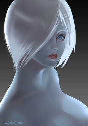 Rule 34 | 1girl, absurdres, angel (kof), blue eyes, breasts, commentary, english commentary, hair over one eye, highres, large breasts, lipstick, looking at viewer, makeup, oroo, pale skin, short hair, simple background, snk, solo, the king of fighters, white hair