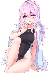 Rule 34 | 1girl, bare legs, barefoot, blush, breasts, competition swimsuit, cu-no, hisen kaede, jacket, jacket on shoulders, large breasts, leg up, long hair, looking at viewer, one-piece swimsuit, open clothes, open jacket, parted lips, pink eyes, pink hair, simple background, sitting, smile, solo, swimsuit, wet, white background, yayoi sakura
