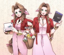 Rule 34 | 2girls, aerith gainsborough, artist name, bangle, basket, bracelet, braid, braided ponytail, breasts, brown hair, choker, cleavage, cowboy shot, cropped jacket, dress, final fantasy, final fantasy vii, final fantasy vii remake, flower, flower basket, flower choker, game console, green eyes, hair ribbon, highres, holding, holding basket, holding case, jacket, jewelry, lesuna, long dress, long hair, looking at viewer, medium breasts, multiple girls, open mouth, parted bangs, patterned background, pink dress, pink ribbon, playstation 4, puffy short sleeves, puffy sleeves, red flower, red jacket, ribbon, short sleeves, sidelocks, smile, square enix, standing, teeth, unbuttoned dress, upper teeth only, variations, w arms, wavy hair, white flower, yellow flower