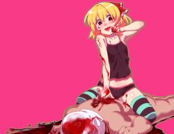 Rule 34 | 1girl, bad id, bad pixiv id, blonde hair, blood, blood on face, blood stain, censored, censored violence, girl on top, guro, hair ribbon, mosaic censoring, navel, red eyes, ribbon, rumia, sin sack, striped clothes, striped legwear, striped thighhighs, tank top, thighhighs, tonoa, touhou, tsumibukuro