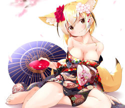 Rule 34 | 1girl, alternate costume, animal ear fluff, animal ears, bare legs, barefoot, black kimono, black umbrella, blonde hair, blurry, blurry background, blush, breasts, cherry blossoms, cleavage, closed mouth, collarbone, commentary request, cup, depth of field, fennec (kemono friends), floral print, flower, fox ears, fox girl, fox tail, gradient hair, hair flower, hair ornament, head tilt, highres, holding, holding cup, japanese clothes, kemono friends, kimono, legs, long hair, long sleeves, looking at viewer, makuran, medium breasts, multicolored hair, off shoulder, oil-paper umbrella, petals, pink flower, print kimono, red flower, sakazuki, smile, solo, tail, umbrella, white flower, white hair, wide sleeves, yagasuri