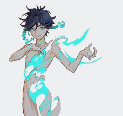 Rule 34 | 1boy, androgynous, arm tattoo, black hair, blue hair, braid, chest tattoo, commentary, english commentary, genshin impact, gnosis (genshin impact), gradient hair, green eyes, hand on own chest, highres, leg tattoo, male focus, multicolored hair, neck tattoo, nipples, nude, open mouth, oyakorodesu, short hair with long locks, simple background, smile, solo, tattoo, twin braids, venti (genshin impact), white background