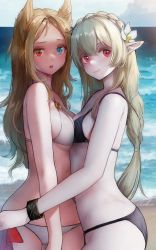 Rule 34 | 2girls, :o, absurdres, animal ears, archetto (arknights), arknights, asymmetrical docking, beach, bikini, black bow, blue eyes, blush, bow, braid, breast press, breasts, colored skin, crown braid, from side, grey hair, hair ornament, heterochromia, highres, infection monitor (arknights), lion ears, long hair, looking at viewer, multiple girls, official alternate costume, pointy ears, red eyes, skindentation, small breasts, smile, swimsuit, thigh gap, warfarin (arknights), warfarin (casual vacation) (arknights), welt (kinsei koutenkyoku), white bikini, white skin