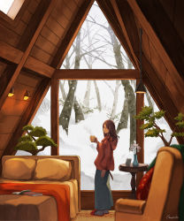 Rule 34 | 1girl, bed, blurry, blurry foreground, book, cup, forest, highres, holding, holding cup, hood, hood down, hoodie, indoors, long skirt, looking at viewer, mug, muraicchi (momocchi), nature, open book, original, profile, skirt, snow, snowing, solo, standing, vase, window