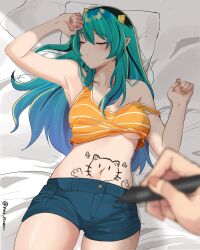 Rule 34 | 1girl, absurdres, aqua hair, arm up, bare arms, bare shoulders, bed sheet, body writing, closed eyes, commentary, cowboy shot, crop top, denim, denim shorts, hand up, highres, holding, holding marker, horns, long hair, lum, lying, marker, midriff, navel, on back, orange tank top, pillow, pinepin, pointy ears, short shorts, shorts, sleeping, solo focus, stomach, strap slip, tank top, thighs, urusei yatsura, very long hair