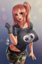 Rule 34 | 1girl, :o, breasts, dead or alive, dead or alive 5, eu03, gloves, hair ornament, honoka (doa), huge breasts, large breasts, long hair, looking at viewer, md5 mismatch, one side up, open mouth, red eyes, red hair, resized, simple background, skirt, skull, skull and crossbones, smile, solo