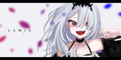 Rule 34 | 1girl, absurdres, black choker, black crown, black skirt, blurry, choker, crown, detached sleeves, hair between eyes, hair over one eye, highres, lamia (performai), letterboxed, long bangs, long hair, looking at viewer, ongeki, open mouth, petals, red eyes, skirt, smile, solo, spaghetti strap, tt (mmk lr), upper body, white background, white hair