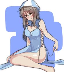 Rule 34 | 1girl, absurdres, alternate hairstyle, barefoot, blue background, blue dress, blue hat, blush, breasts, brown eyes, brown hair, china dress, chinese clothes, cleavage, cleavage cutout, closed mouth, clothing cutout, commentary, dress, girls und panzer, hat, highres, kshimu, large breasts, long dress, long hair, looking at viewer, mika (girls und panzer), side-tie dress, side cutout, sitting, smile, solo, tulip hat, untying, wariza