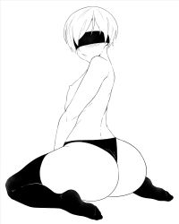 Rule 34 | 1boy, android, ass, back, black blindfold, black panties, black socks, blindfold, blush, from behind, full body, greyscale, huge ass, khexxi, looking at viewer, looking back, male focus, monochrome, nier:automata, nier (series), nipples, panties, parted lips, short hair, simple background, sitting, socks, solo, thighhighs, topless male, underwear, white background, white hair, 9s (nier:automata)