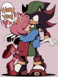 1boy 1girl amy_rose animal_ears animal_nose apron black_fur blush body_fur bracelet cake candle closed_eyes closed_mouth commentary couple dress english_text food furry furry_female furry_male furry_with_furry gloves gold_bracelet green_hat happy hat hedgehog_boy hedgehog_ears hedgehog_girl hedgehog_tail hetero highres hug jewelry multicolored_footwear multicolored_fur official_alternate_costume open_mouth pink_fur red_dress red_eyes red_footwear red_fur scruffyart shadow_the_hedgehog simple_background smile sonic_(series) speech_bubble standing tail the_murder_of_sonic_the_hedgehog two-tone_fur white_gloves