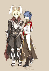 Rule 34 | 2boys, animal ears, armor, armored boots, assassin cross (ragnarok online), black cape, black footwear, black pants, black shirt, blonde hair, blue eyes, blue hair, boots, brown background, brown coat, brown pants, cape, cat ears, closed mouth, coat, commentary request, full body, gold trim, hair between eyes, high priest (ragnarok online), holding, holding staff, kusabi (aighe), layered clothes, long bangs, long sleeves, looking at viewer, male focus, multiple boys, open clothes, open shirt, pants, pauldrons, rabbit ears, ragnarok online, red coat, red scarf, scarf, shirt, shoes, short hair, shoulder armor, simple background, skull, smile, staff, standing, torn cape, torn clothes, torn scarf, vambraces, waist cape, white coat