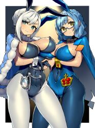 2girls absurdres akershus_fortress_(oshiro_project) animal_ears badge black_gloves black_leotard blue_cape blue_cloak blue_eyes blue_hair blue_leotard blue_pantyhose border bow bowtie braid breasts cape cleavage cloak closed_mouth commentary_request commission covered_navel fake_animal_ears fur-trimmed_cape fur_trim gloves grey_bow grey_bowtie grey_hair highres holding_hands itsumo_nokoru karlstejn_castle_(oshiro_project) large_breasts leotard looking_at_viewer multiple_girls oshiro_project:re pantyhose parted_lips playboy_bunny rabbit_ears second-party_source skeb_commission strapless strapless_leotard sweat swept_bangs thighs tight_clothes white_border white_pantyhose wrist_cuffs yellow_eyes