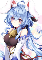 Rule 34 | 1girl, absurdres, ahoge, animal ear fluff, animal ears, asahi (vjss4548), bare shoulders, bell, blue hair, blush, breasts, closed mouth, clothing request, commentary request, detached sleeves, ganyu (genshin impact), genshin impact, goat horns, hair between eyes, highres, horns, long hair, long sleeves, looking at viewer, medium breasts, multicolored background, purple eyes, rabbit ears, rabbit tail, solo, standing, tail, upper body, very long hair