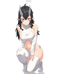 Rule 34 | 1girl, absurdres, ahoge, ameiarts, artist name, bare shoulders, black nails, breasts, closed mouth, detached sleeves, earrings, facial mark, full body, highres, horns, jewelry, large breasts, long hair, long sleeves, looking at viewer, meme attire, mole, nail polish, navel, on one knee, original, panties, pointy ears, red eyes, side-tie panties, sideboob, sidelocks, simple background, smile, smug, solo, thighhighs, underwear, virgin destroyer sweater, white background, white panties, white thighhighs