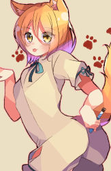 Rule 34 | 1girl, animal ears, animal hands, ass, blush, bow, breasts, closed mouth, eyes visible through hair, fox ears, fox tail, from behind, green bow, hair between eyes, hand up, highres, jumpsuit, kudamaki tsukasa, looking at viewer, looking back, meimei (meimei89008309), puffy short sleeves, puffy sleeves, short sleeves, small breasts, smile, solo, standing, tail, tongue, tongue out, touhou, white jumpsuit, white sleeves, yellow background, yellow eyes