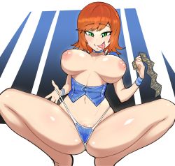 Rule 34 | 1girl, :p, blue panties, blue sleeves, blush, breastless clothes, breasts, breasts apart, breasts out, brown hair, capcom, clitoris slip, condom, condom packet strip, condom wrapper, crotch, dot nose, drooling, facing viewer, feet out of frame, from below, god hand, green eyes, highleg, highres, linea alba, looking at viewer, medium breasts, minkye, minkyeboy, naughty face, navel, nipples, no bra, olivia (god hand), panties, panty pull, pussy, pussy peek, saliva, short sleeves, smile, solo, spread legs, squatting, string panties, thighs, thong, tongue, tongue out, underwear, wristband