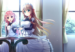 Rule 34 | 2girls, :d, apron, black bow, black bowtie, blush, bow, bowtie, breasts, brown hair, cowboy shot, cup, curtains, day, green eyes, hair between eyes, hair bow, holding, holding tray, long hair, long sleeves, looking at viewer, maid, maid apron, maid headdress, medium breasts, multiple girls, open mouth, original, pink eyes, pink hair, smile, sunlight, table, teacup, teapot, tray, two side up, usume shirou, window