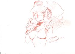 Rule 34 | 10s, 1girl, baseball cap, breasts, colored pencil (medium), creatures (company), game freak, hat, hilda (pokemon), long hair, md5 mismatch, medium breasts, naso4, nintendo, open clothes, open vest, poke ball, pokemon, pokemon bw, ponytail, sketch, solo, taut clothes, traditional media, upper body, vest