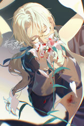 Rule 34 | 1boy, black jacket, closed eyes, flower, formal, glasses, gloves, holding, holding flower, jacket, long hair, long sleeves, petals, ponytail, signature, solo, tang xinzi, tears of themis, vyn richter (tears of themis), white flower, white gloves, white hair