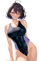 Rule 34 | 1girl, ahoge, azur lane, baltimore (azur lane), bare arms, bare shoulders, black one-piece swimsuit, brown hair, collarbone, commentary request, covered navel, cowboy shot, groin, highres, kameponde, looking at viewer, one-piece swimsuit, short hair, simple background, smile, solo, swimsuit, thighs, white background, yellow eyes