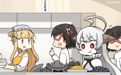 Rule 34 | 4girls, abyssal ship, ahoge, alternate costume, apron, blonde hair, brown hair, clone, colored skin, dated, double bun, eating, fletcher (kancolle), food, gauntlets, hair bun, hair ornament, hairband, hamu koutarou, highres, horns, kantai collection, long hair, mask, multiple girls, new battleship princess, one-hour drawing challenge, plate, purple eyes, sendai (kancolle), smile, star (symbol), star hair ornament, sweater, two side up, white skin, white sweater