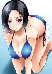 Rule 34 | 1girl, absurdres, all fours, ass, barefoot, bikini, black hair, blue bikini, blue eyes, breasts, butt crack, cleavage, commentary request, downpants, highres, large breasts, looking at viewer, original, short hair, side-tie bikini bottom, solo, sumeragi tomo, swimsuit