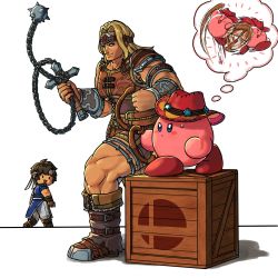 Rule 34 | armor, artist request, belt, blonde hair, blue eyes, brown hair, cape, castlevania (series), castlevania: rondo of blood, chibi, copy ability, gloves, hat, headband, highres, kirby, kirby (series), long hair, male focus, multiple boys, muscular, nintendo, open mouth, richter belmont, simon belmont, simple background, smile, super smash bros., weapon, whip, whip kirby, white background