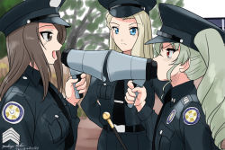 Rule 34 | 3girls, alternate headwear, anchovy (girls und panzer), arms behind back, artist name, baton, belt, black belt, black headwear, black neckwear, black pants, black shirt, blonde hair, blue eyes, brown eyes, brown hair, clara (girls und panzer), closed mouth, commentary, crossover, dated, dress shirt, drill hair, emblem, frown, girls und panzer, green hair, hat, holding, holding megaphone, insignia, long hair, looking at another, matsui yasutsugu, megaphone, mika (girls und panzer), multiple girls, necktie, open mouth, pants, parade rest, parody, peaked cap, police academy (series), red eyes, shirt, signature, smile, standing at attention, twin drills, twintails, wing collar
