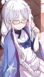 Rule 34 | 1girl, absurdres, bandaged arm, bandages, bespectacled, black-framed eyewear, blue archive, blush, closed mouth, colored eyelashes, glasses, grey eyes, grey hair, hair ornament, halo, haori, highres, japanese clothes, long hair, looking at viewer, nagusa (blue archive), pleated skirt, sailor collar, skirt, solo, white sailor collar, white skirt, wimawi