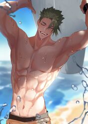 Rule 34 | 1boy, abs, absurdres, achilles (fate), achilles (fearless diver) (fate), arms up, beach, collarbone, fate/grand order, fate (series), green hair, haruakira, head tilt, highres, holding, holding surfboard, large pectorals, male focus, male swimwear, muscular, muscular male, navel, one eye closed, open mouth, orange eyes, orange male swimwear, pectorals, shore, short hair, solo, surfboard, swim trunks, teeth, topless male, undercut, water drop, wet