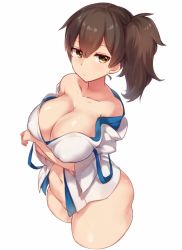 Rule 34 | 10s, 1girl, bad id, bad pixiv id, bottomless, breast hold, breasts, brown hair, clothes down, collarbone, colored eyelashes, covered erect nipples, crossed arms, curvy, female focus, from side, hakama, hakama skirt, japanese clothes, jitome, kaga (kancolle), kantai collection, large breasts, looking at viewer, navel, no panties, no pants, open clothes, pokoten (pokoten718), puffy nipples, short ponytail, side ponytail, simple background, skirt, solo, white background, wide sleeves, yellow eyes