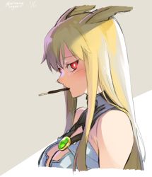 Rule 34 | 1girl, absurdres, animal ears, bare shoulders, blonde hair, breasts, cleavage, commentary, fate/grand order, fate (series), food, food in mouth, highres, long hair, mitsurugi sugar, pocky, pocky day, red eyes, sleeveless, solo, thrud (fate), valkyrie (fate)