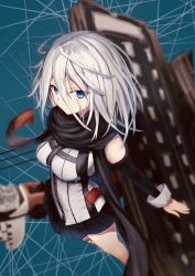 Rule 34 | 1girl, alternate costume, azur lane, blue eyes, blurry, bow (weapon), code g (azur lane), commentary request, depth of field, detached sleeves, enterprise (azur lane), flight deck, from above, highres, long hair, looking at viewer, looking up, machinery, pleated skirt, scarf, skirt, solo, weapon, west 24, white hair, wind