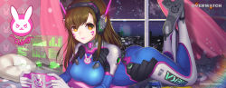 Rule 34 | &gt;:3, 1girl, :3, acronym, animal print, armor, ass, blue bodysuit, bodysuit, boots, breasts, brown eyes, brown hair, building, can, cd, character name, city, city lights, cityscape, clothes writing, cloud, cloudy sky, copyright name, d.va (overwatch), doritos, facial mark, game console, gloves, handheld game console, hayanpool, headphones, highres, holding, hologram, holographic interface, indoors, large breasts, legs up, long hair, long sleeves, looking at viewer, lying, night, night sky, on bed, on stomach, overwatch, overwatch 1, pauldrons, pillow, pilot suit, pink lips, rabbit print, ribbed bodysuit, shoulder armor, skin tight, sky, skyscraper, smile, solo, swept bangs, thigh boots, thighhighs, turtleneck, v-shaped eyebrows, weapon, whisker markings, white footwear, white gloves, white thighhighs, window