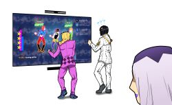 Rule 34 | ?, absurdres, black hair, blonde hair, bruno bucciarati, dancing, faceless, formal, from behind, giorno giovanna, guido mista, highres, jojo no kimyou na bouken, just dance, leone abbacchio, multiple boys, narancia ghirga, pannacotta fugo, pink suit, playing games, seragigi124, simple background, suit, television, torture dance, vento aureo, video game, white background, white hair, white suit